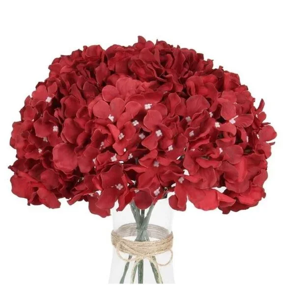 10 pack | Dark Red Silk Hydrangea Flower Stems Home Decor Wedding Bouquet Center - Picture 2 of 5